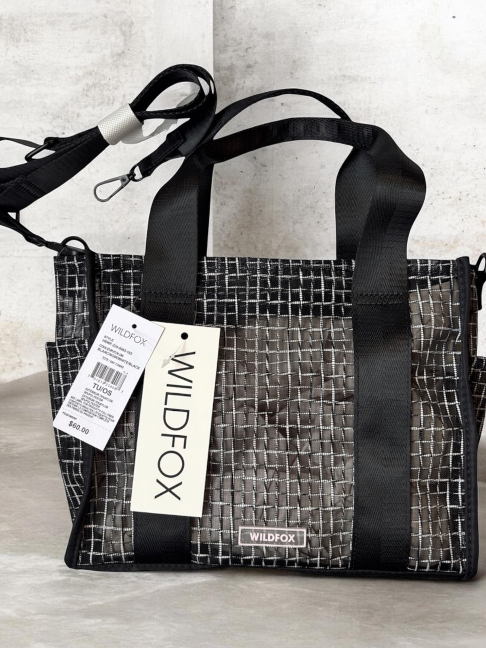 Wildfox Small Black and White Grid Mesh Tote Bag with Detachable Crossbody Strap